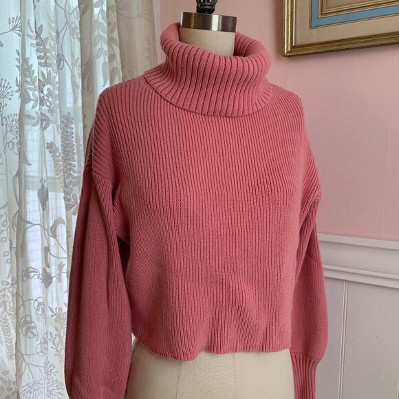 wild fable Sweaters - Wild Fable Womens Pink Ribbed Chunky Knit Semi Crop Balloon Sleeve Sweater Small